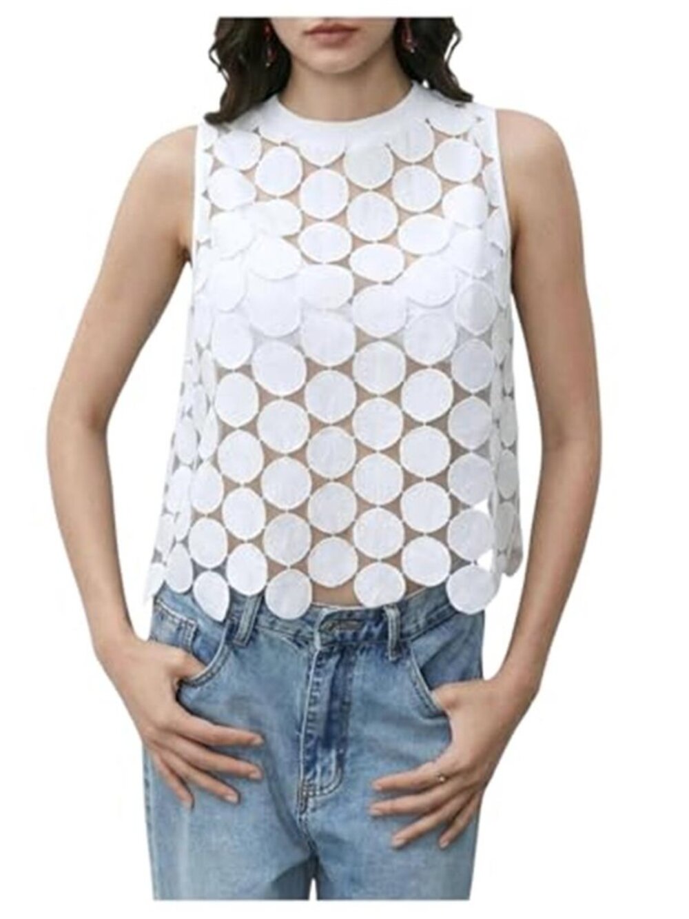 Women's White Sheer Tank Tops See Through Polka Dots Asymmetrical Top Summer